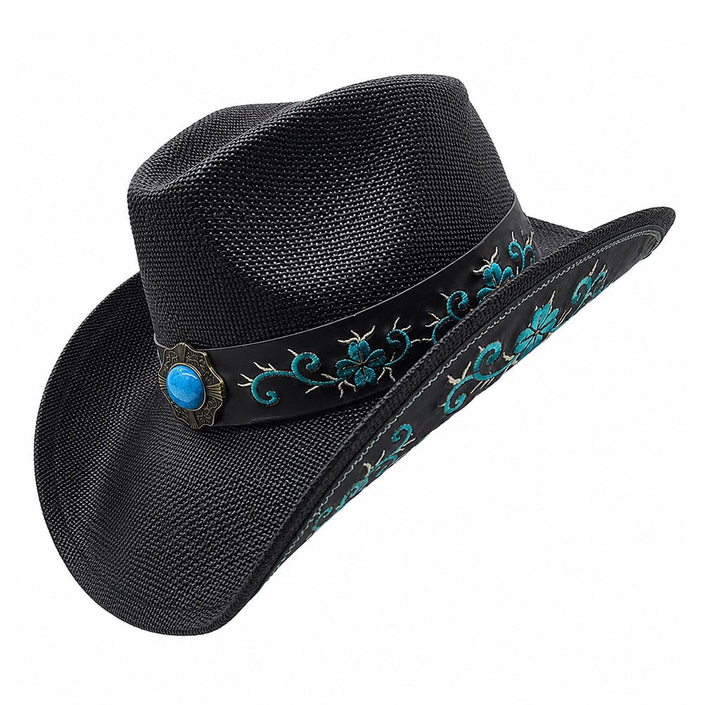 Palarie texana neagra apretata cu insertii de piele brodata 1 Palarie texana neagra apretata cu insertii de piele brodata