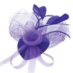 Fascinator violet cu pene si voaleta pe fata