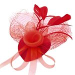 Fascinator rosu cu pene si voaleta pe fata
