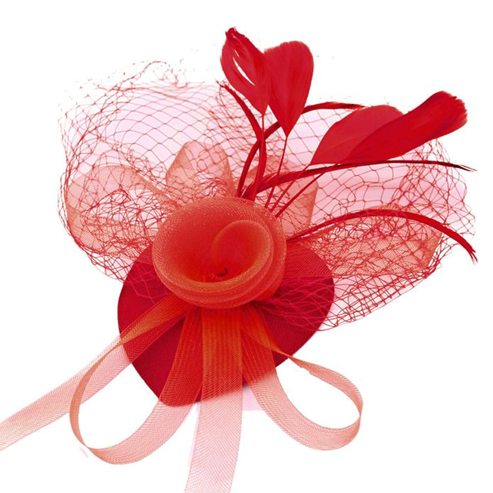 Fascinator rosu cu pene si voaleta pe fata 1 Fascinator rosu cu pene si voaleta pe fata