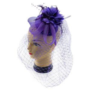 Fascinator cupa violet cu pene, voaleta si margele