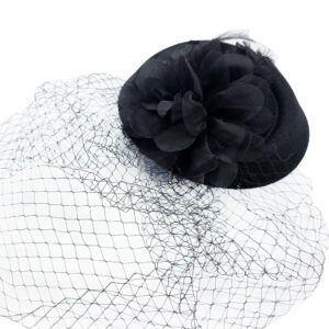 Fascinator negru pillbox cu pene si voaleta