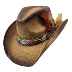 Palarie texana apretata cu pene si efect vintage