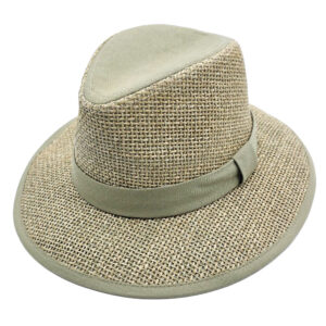 Palarie Panama Safari bej din paie de iarba de mare si bumbac cu banda olive