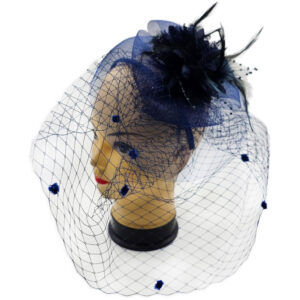 Fascinator bleumarin cu voaleta, pene si margele