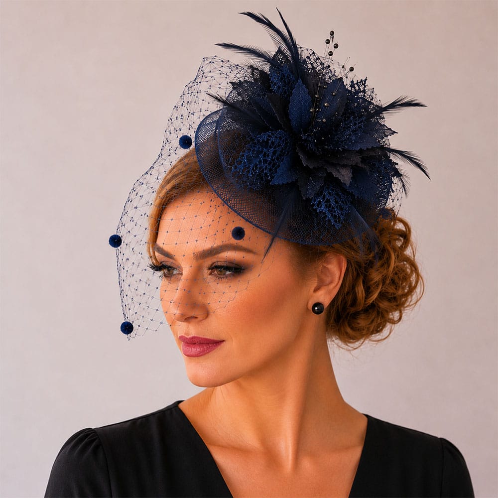 Fascinator bleumarin cu voaleta, pene si margele (optional cordeluta) 2 Fascinator bleumarin cu voaleta
