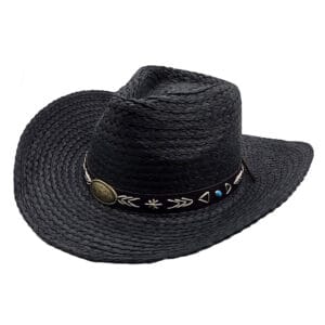Palarie cowboy din paie neagra cu decor western