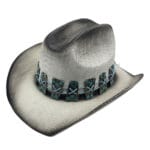 Palarie texana alba din paie cu decor turcoaz si efect vintage