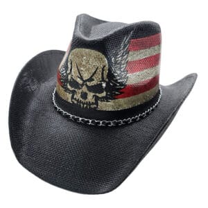 Palarie texana neagra cu craniu SKULL & US FLAG
