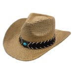 Palarie cowboy din paie bej cu ornament turcoaz