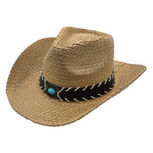 Palarie cowboy din paie bej cu ornament turcoaz