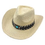 Palarie cowboy din paie crem cu ornament turcoaz