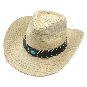 Palarie cowboy din paie crem cu ornament turcoaz