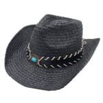 Palarie cowboy din paie neagra cu ornament turcoaz