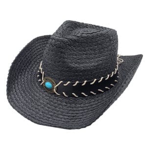 Palarie cowboy din paie neagra cu ornament turcoaz