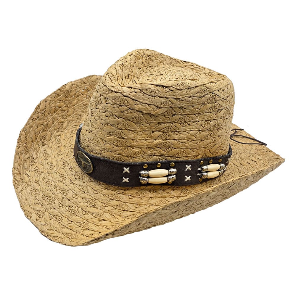 Palarie cowboy din paie bej cu decor cu margele 1 Palarie cowboy din paie bej cu decor cu margele