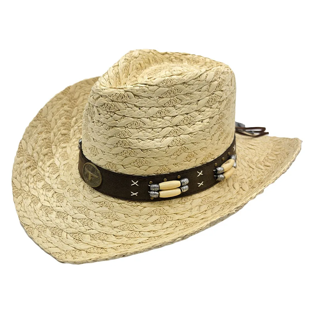 Palarie cowboy din paie crem cu decor cu margele